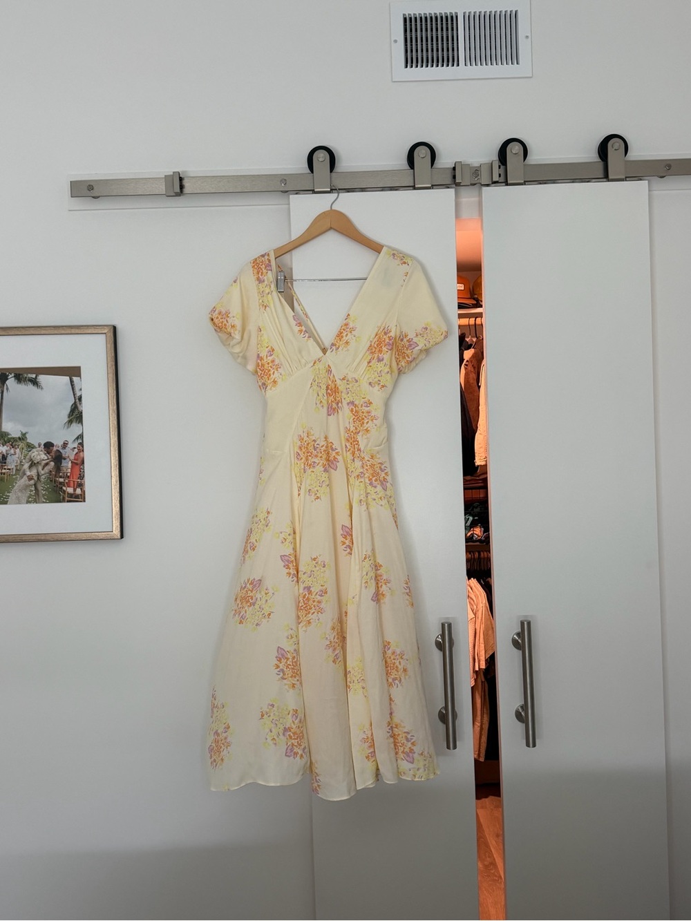 Free People Cream Floral V-Neck Midi Dress with Pink & Yellow Bouquet
